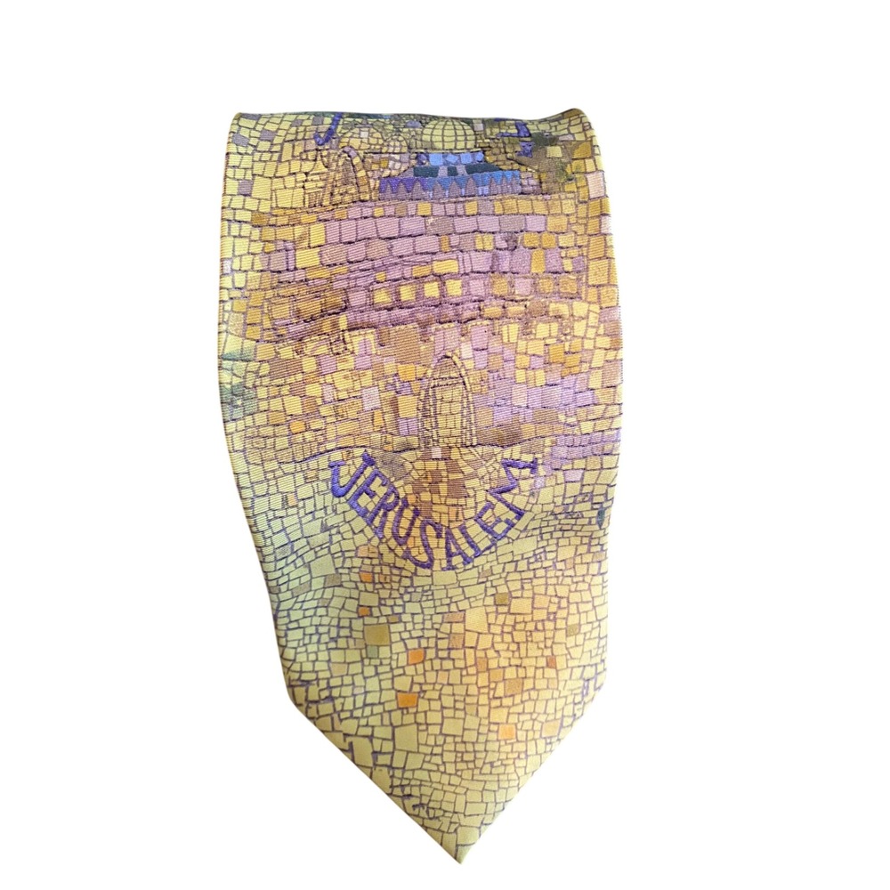 Ancient Ties Inc Jerusalem Mosaic Silk Tie Handmade Yellow Gold Stone Pattern